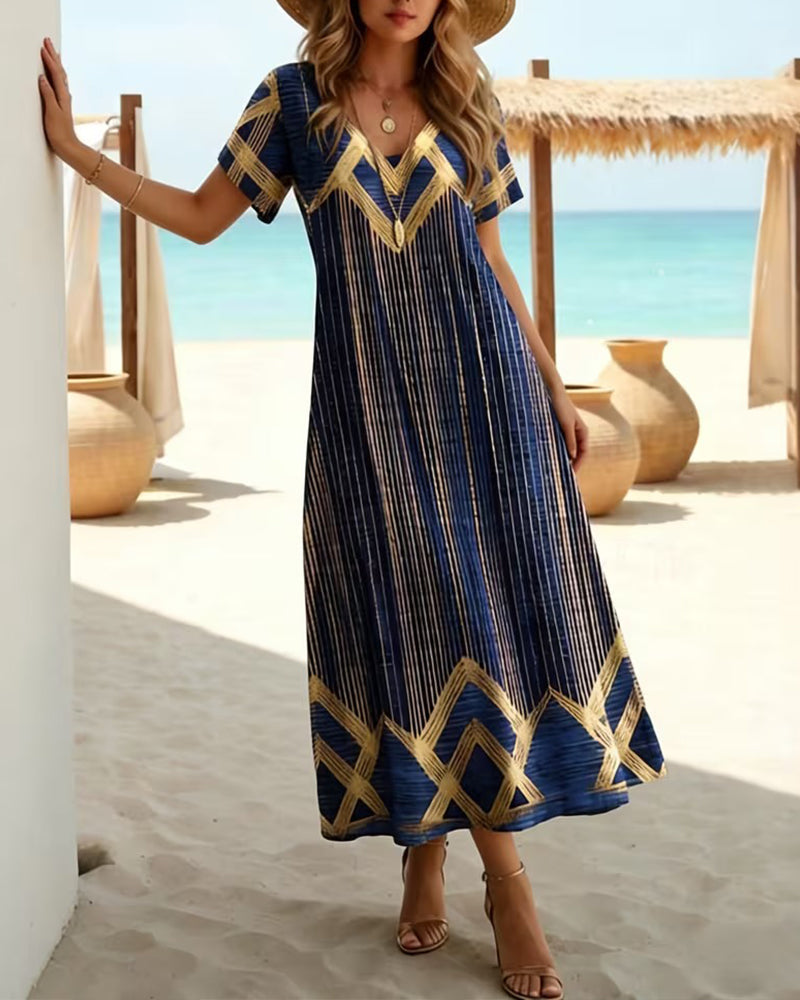 Emily Printed V-Neck Vacation Maxi Dress