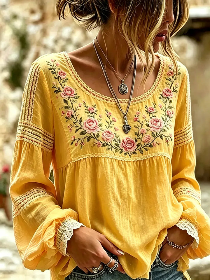 Mireille | Linen Blouse with Rose Embroidery & Lace Details
