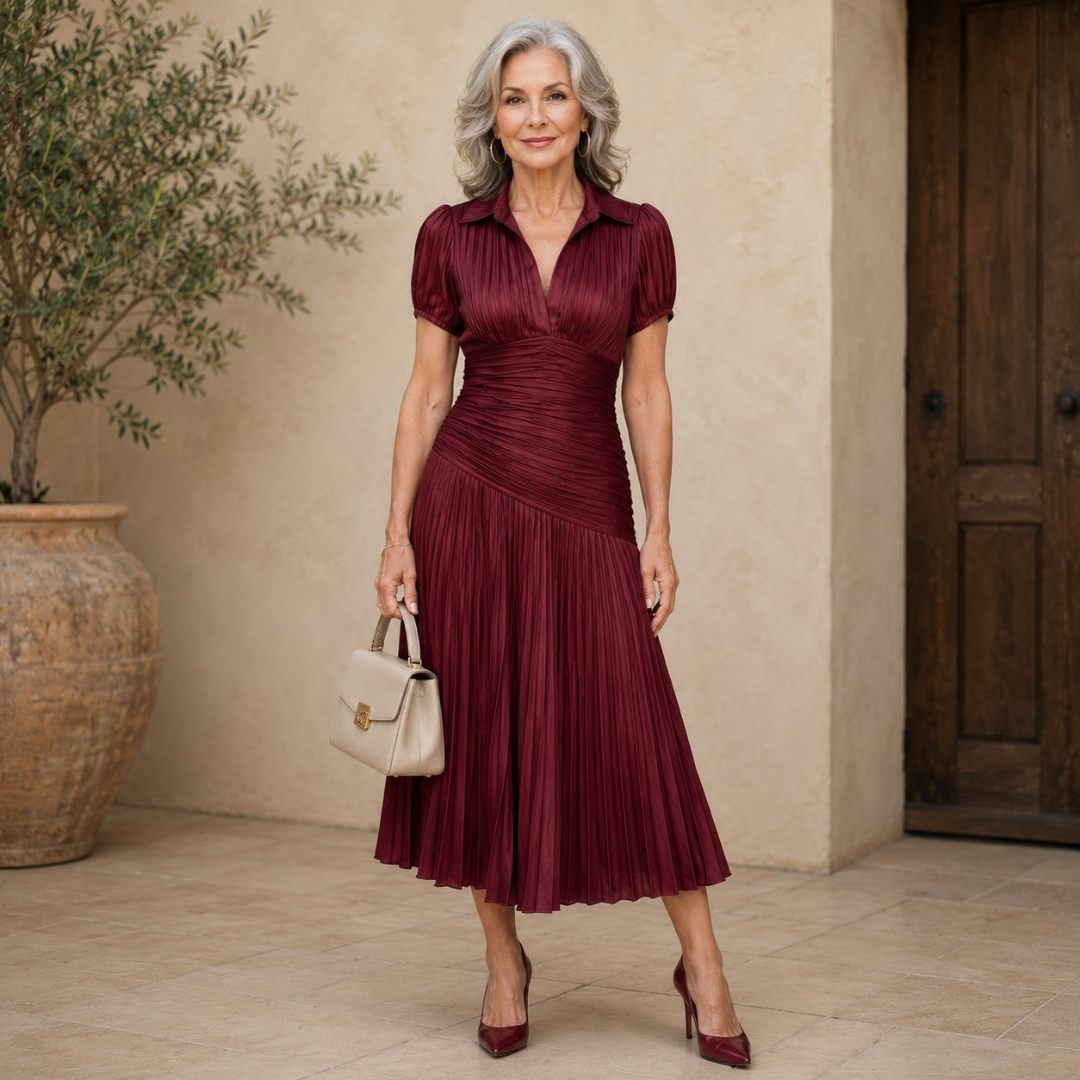 Theodora | Pleated Waistline Stripe Midi Dress