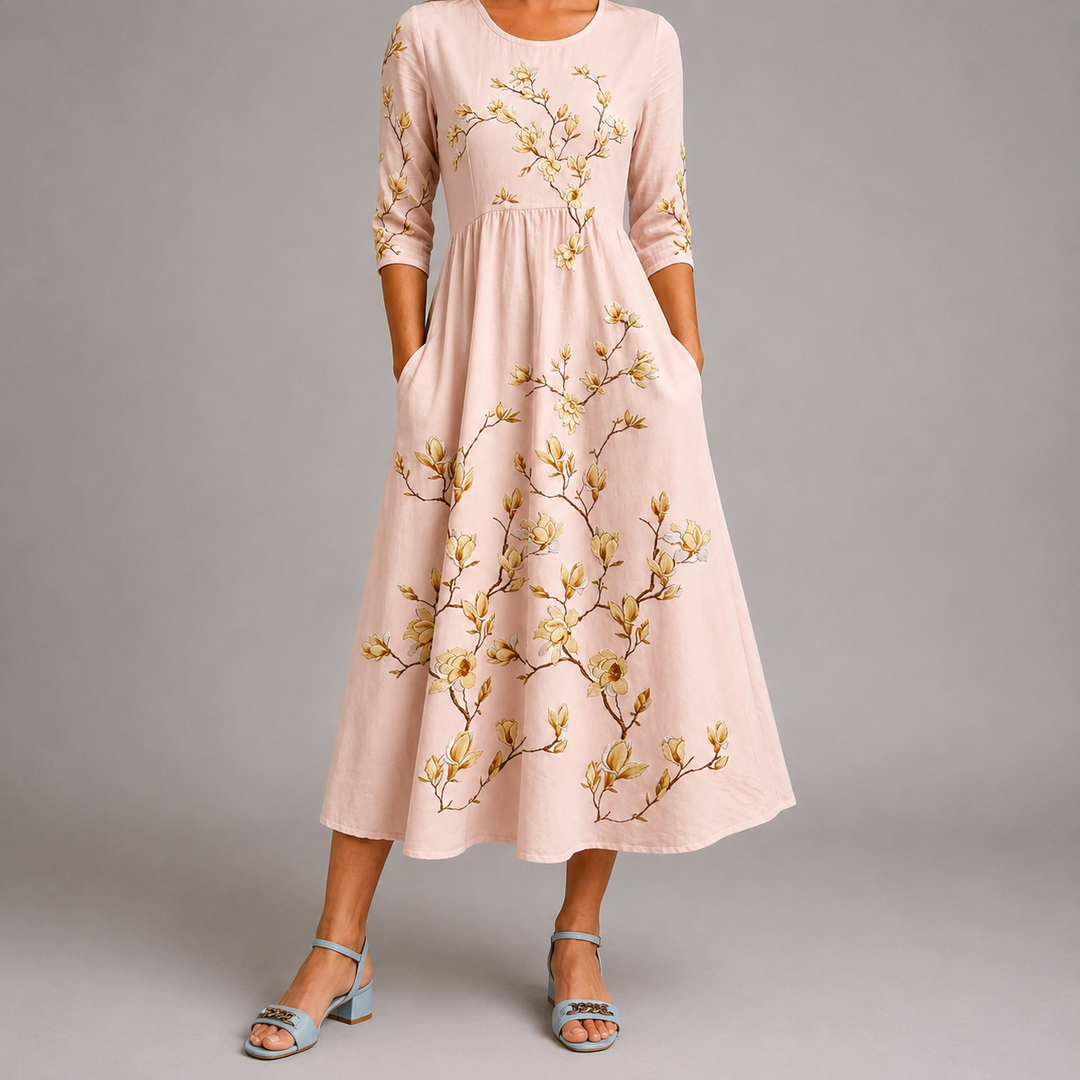 Golden Magnolia Bloom Pocket Midi Dress