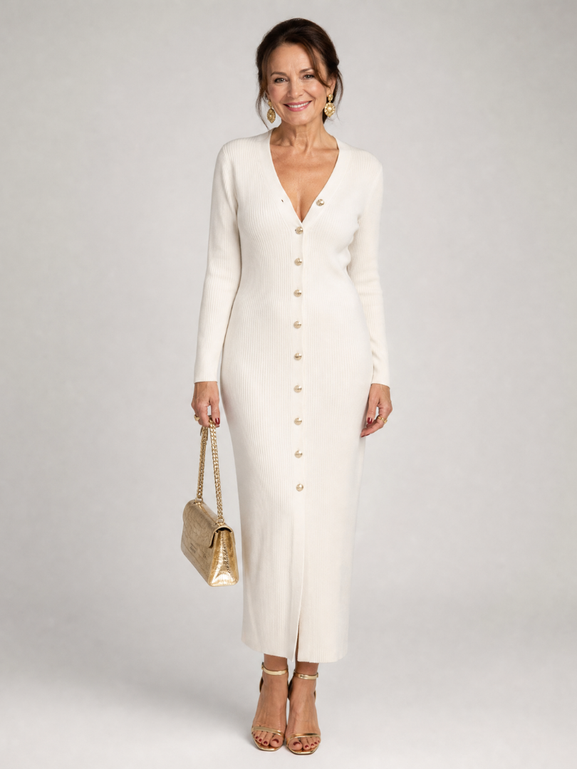 Aureva | Button Front Knit Midi Dress