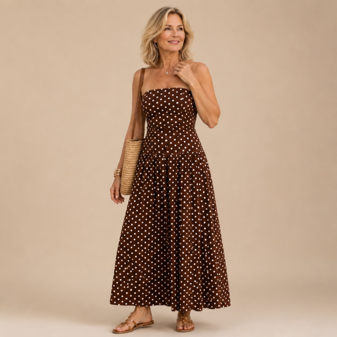 Sorien | Strapless Polka Dot Pattern Midi Dress