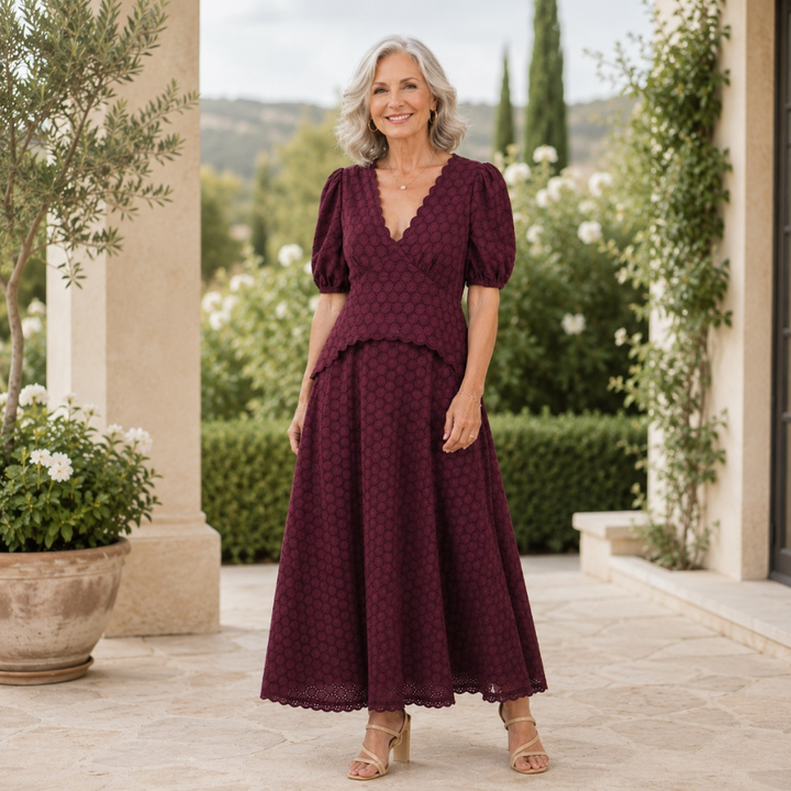Holly Burgundy Embroidered Lace Cotton Midi Dress