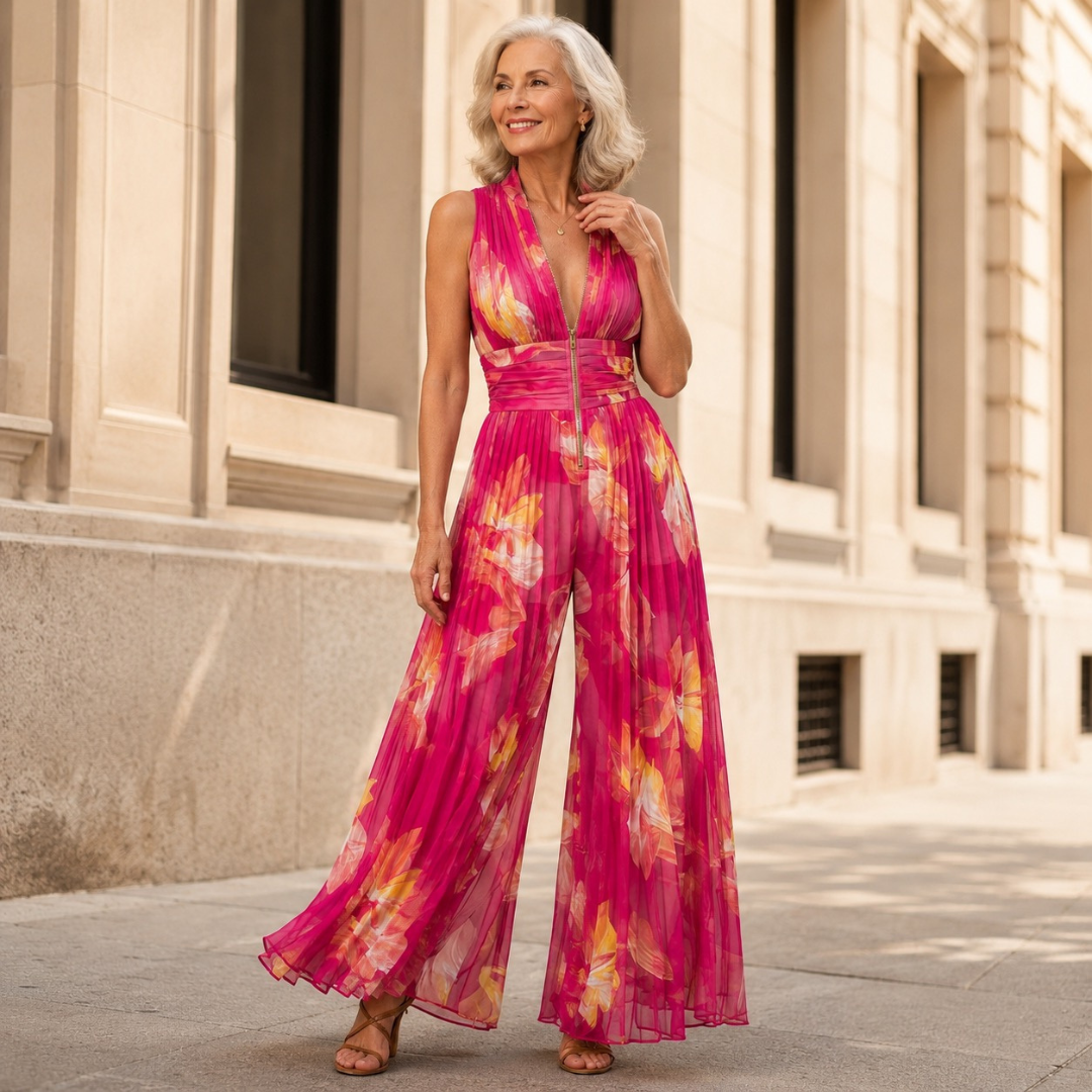 Essential - Fuchsia Floral Pleated Chiffon Jumpsuit