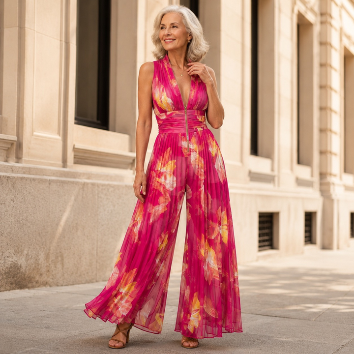Essential - Fuchsia Floral Pleated Chiffon Jumpsuit