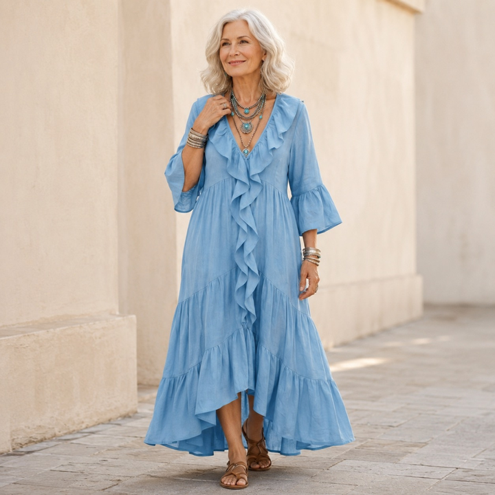 Katiana | Deep V Ruffle-Front Bell-Sleeve Tiered Maxi Dress