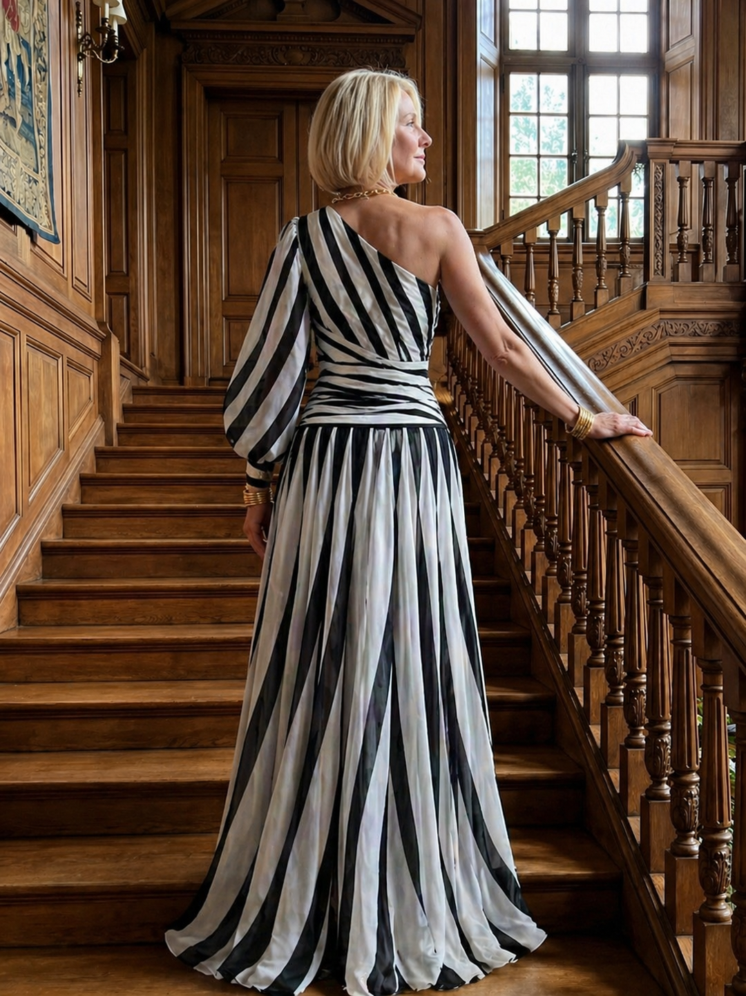 Stella & Grace™ |Elegant Striped Maxi Dress with One Shoulder