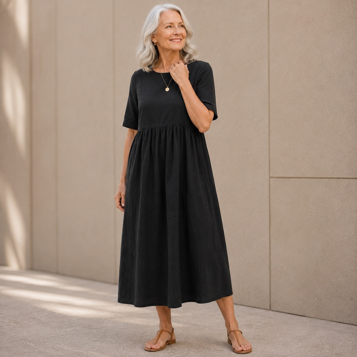 Maricel | Short Sleeve Gathered Midi Dress