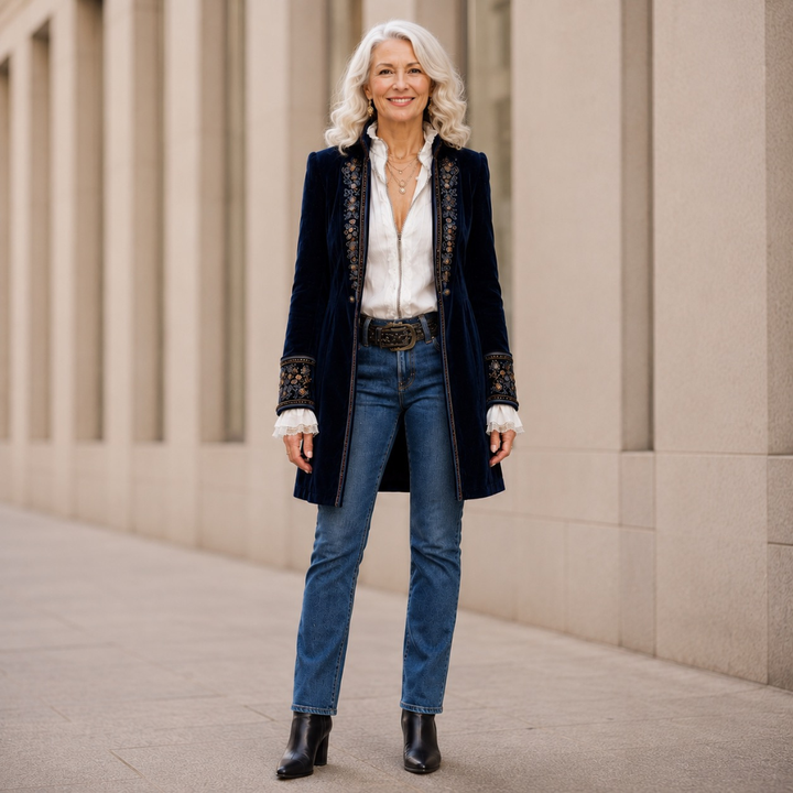 Erica | Long Vintage Velvet Jacket with Embroidery