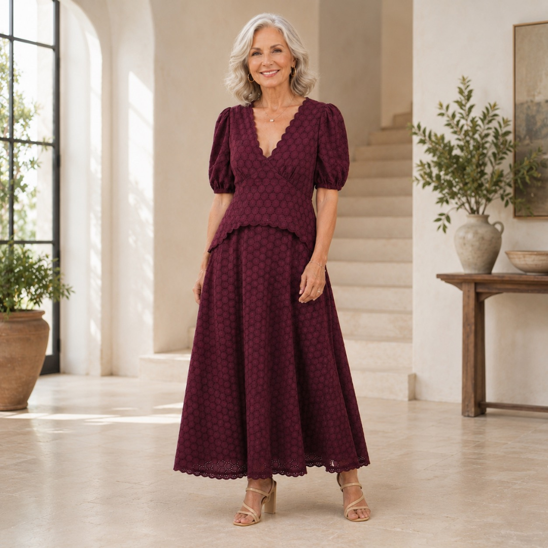 Holly Burgundy Embroidered Lace Cotton Midi Dress