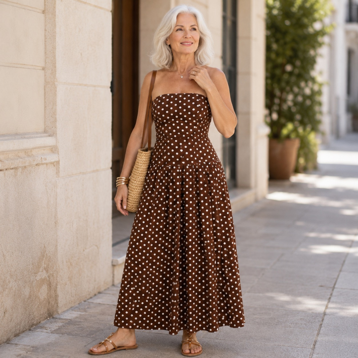 Sorien | Strapless Polka Dot Pattern Midi Dress