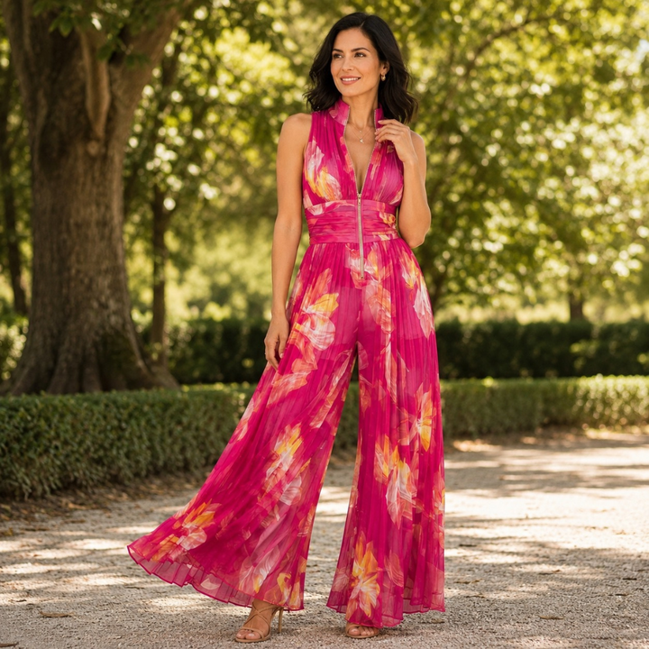 Essential - Fuchsia Floral Pleated Chiffon Jumpsuit