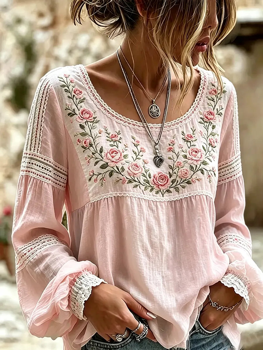 Mireille | Linen Blouse with Rose Embroidery & Lace Details