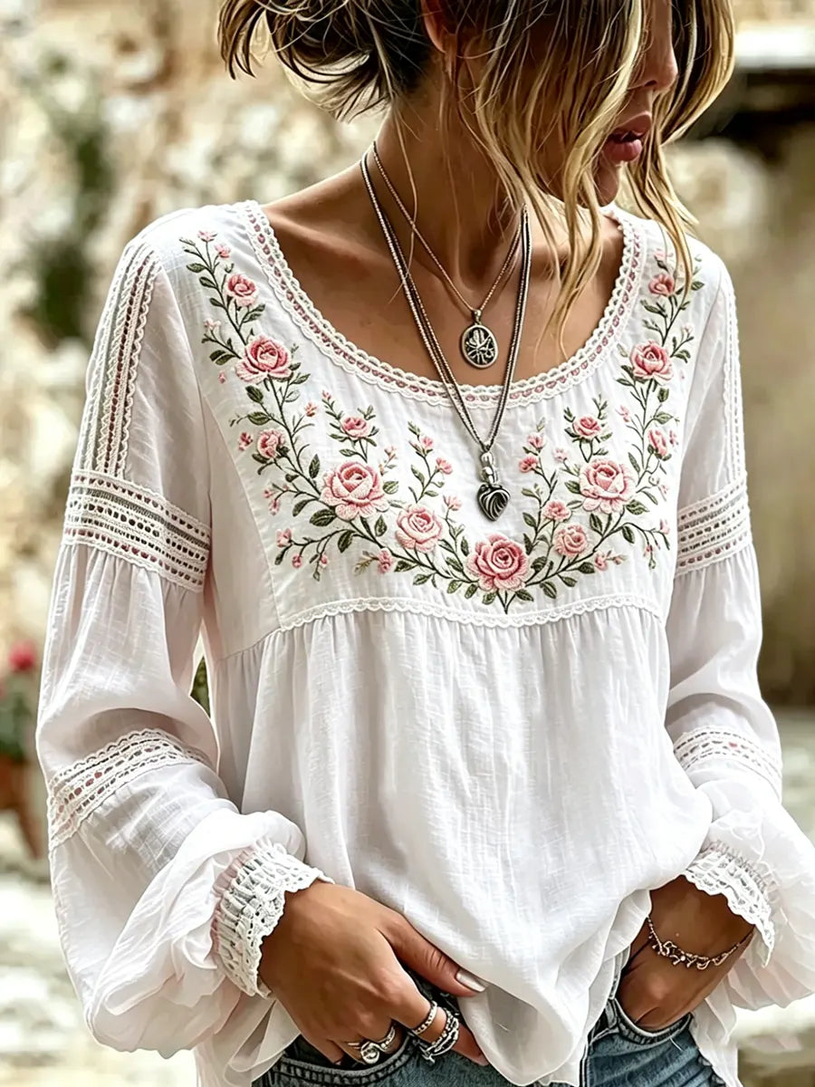 Mireille | Linen Blouse with Rose Embroidery & Lace Details