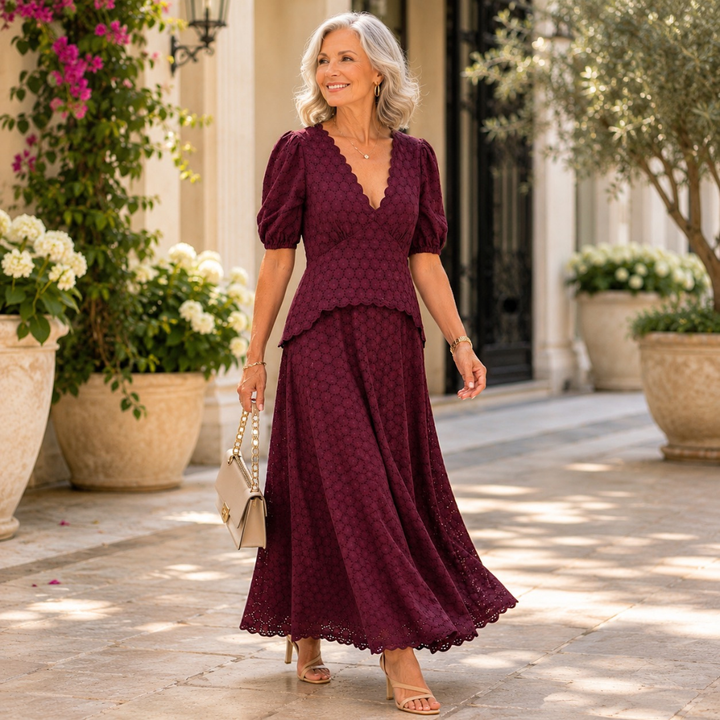 Holly Burgundy Embroidered Lace Cotton Midi Dress