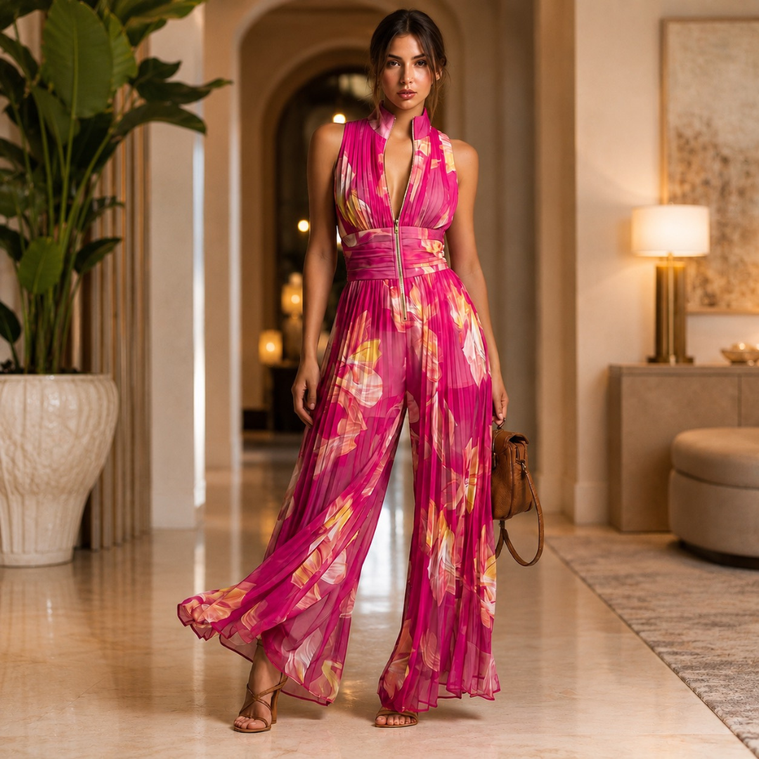 Essential - Fuchsia Floral Pleated Chiffon Jumpsuit