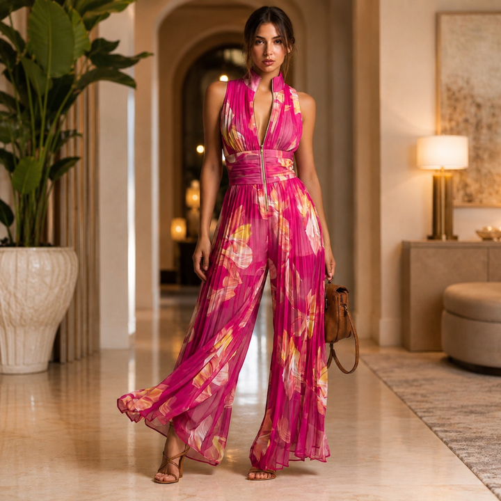 Essential - Fuchsia Floral Pleated Chiffon Jumpsuit
