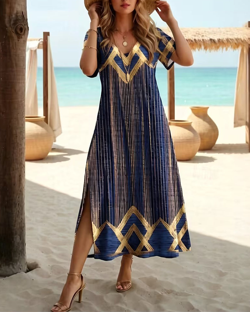 Emily Printed V-Neck Vacation Maxi Dress