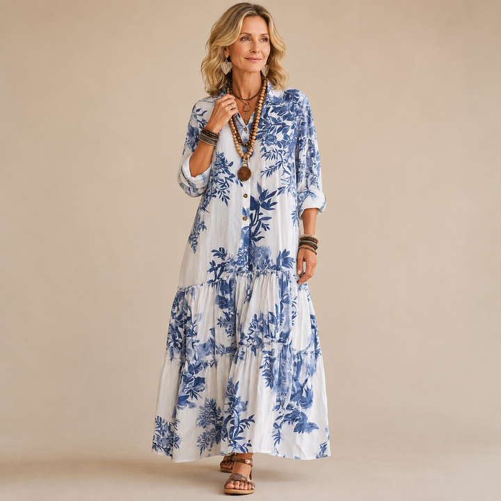 Dahlia | Bohemian Blue Floral Button-Down Tiered Maxi Dress