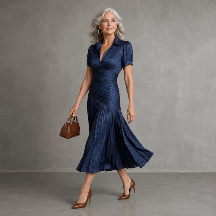 Theodora | Pleated Waistline Stripe Midi Dress