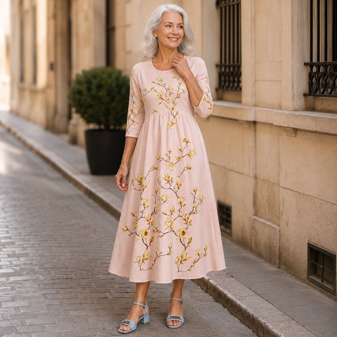 Golden Magnolia Bloom Pocket Midi Dress
