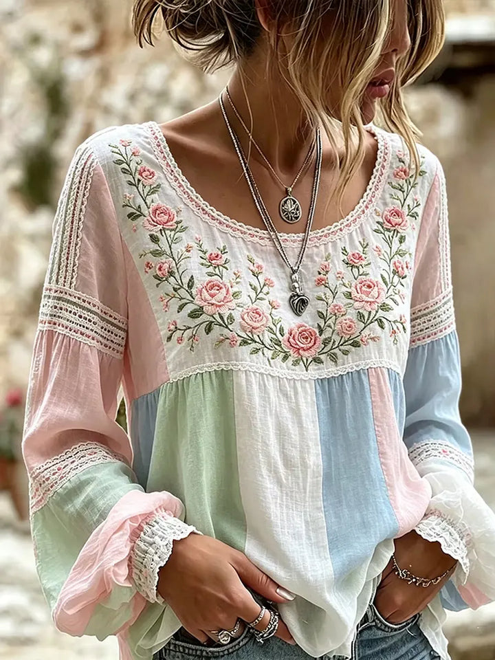 Mireille | Linen Blouse with Rose Embroidery & Lace Details