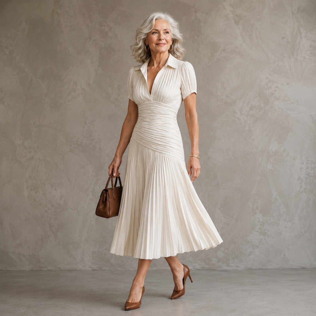 Theodora | Pleated Waistline Stripe Midi Dress