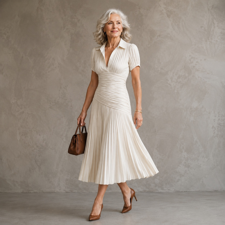 Theodora | Pleated Waistline Stripe Midi Dress