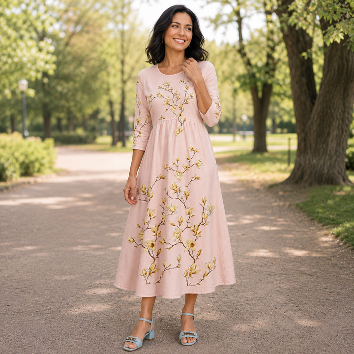 Golden Magnolia Bloom Pocket Midi Dress