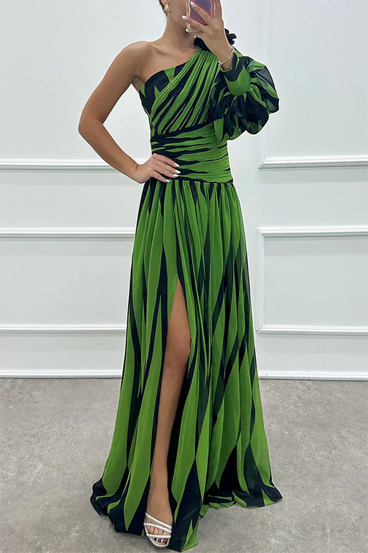 Stella & Grace™ |Elegant Striped Maxi Dress with One Shoulder