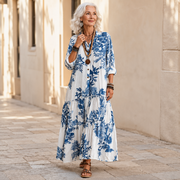 Dahlia | Bohemian Blue Floral Button-Down Tiered Maxi Dress