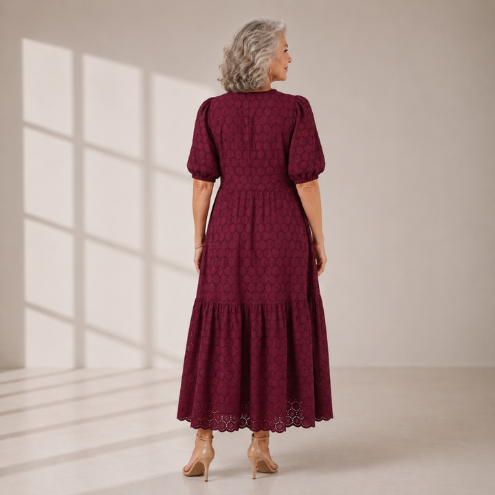 Holly Burgundy Embroidered Lace Cotton Midi Dress