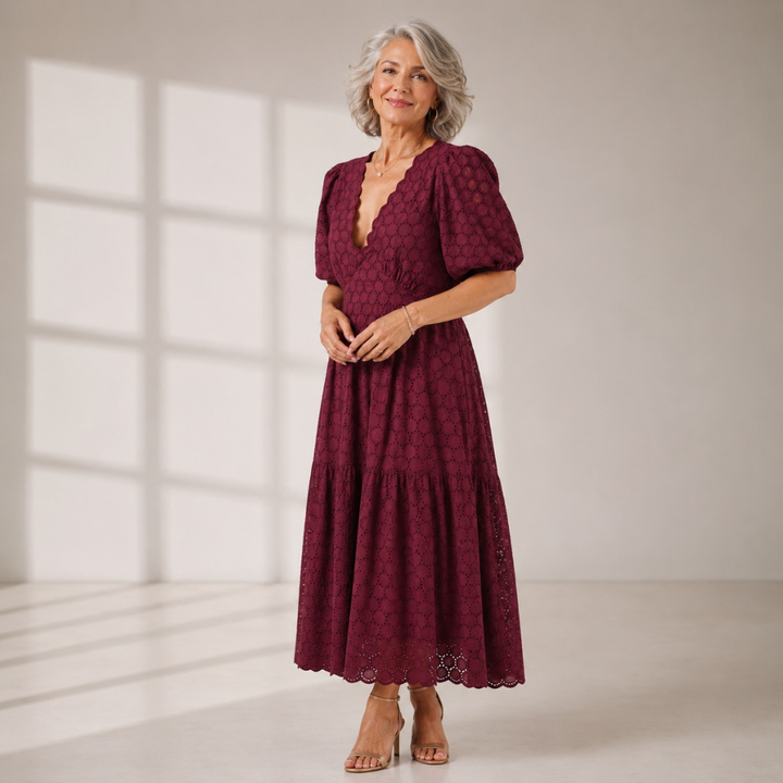 Holly Burgundy Embroidered Lace Cotton Midi Dress
