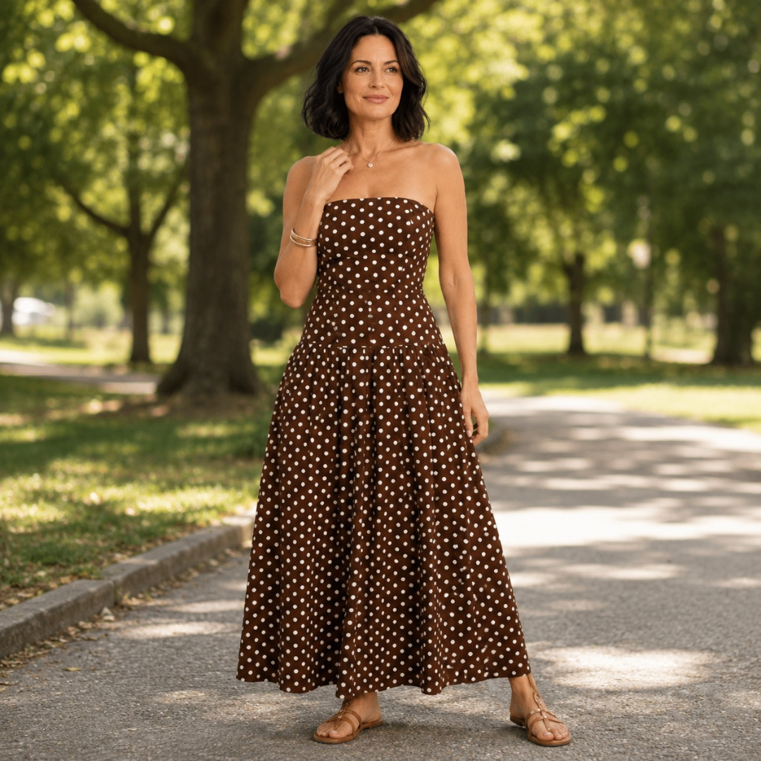 Sorien | Strapless Polka Dot Pattern Midi Dress