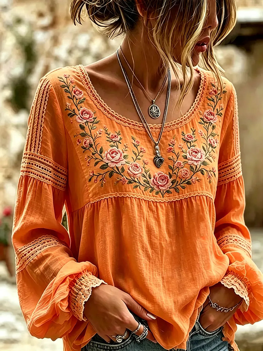 Mireille | Linen Blouse with Rose Embroidery & Lace Details
