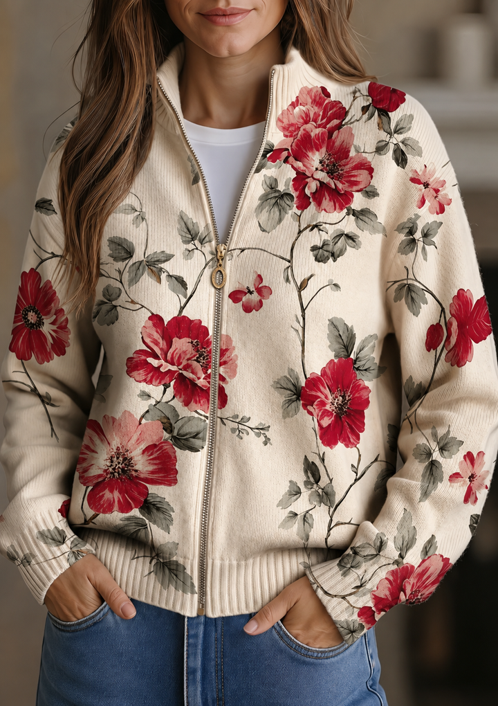 Wilhelmine | Vintage Rose Print Zip Cardigan