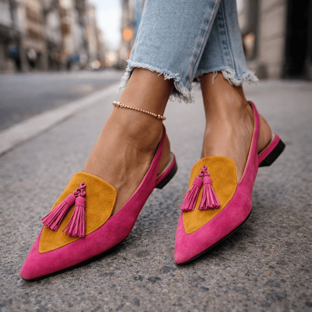 Lorena | Two-Tone Suede Flats with Pom Poms