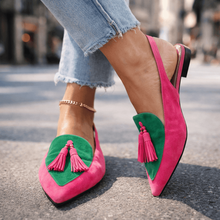 Lorena | Two-Tone Suede Flats with Pom Poms