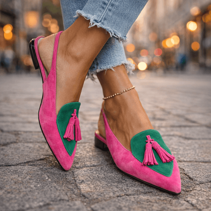 Lorena | Two-Tone Suede Flats with Pom Poms