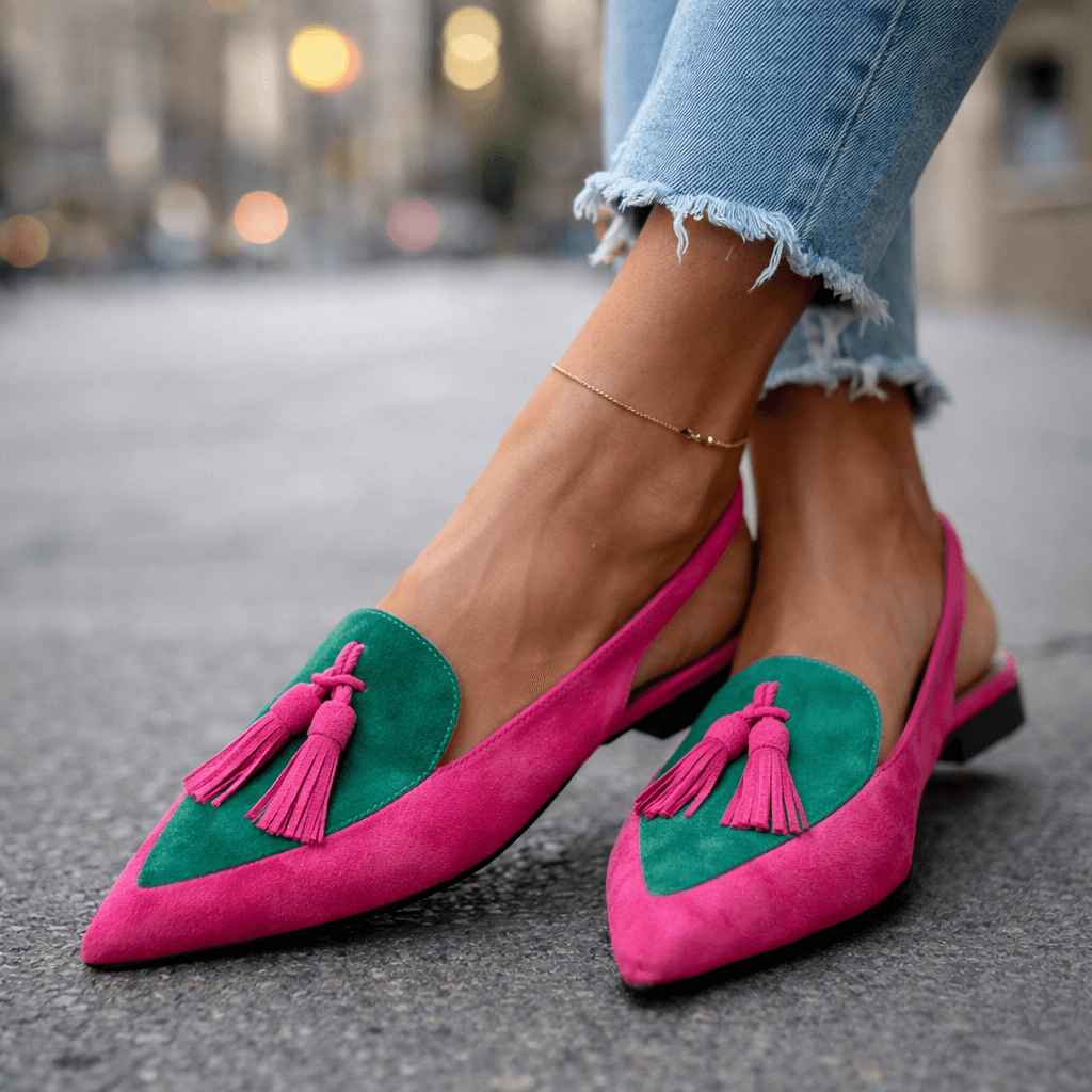 Lorena | Two-Tone Suede Flats with Pom Poms