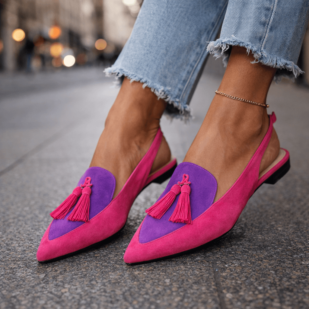Lorena | Two-Tone Suede Flats with Pom Poms
