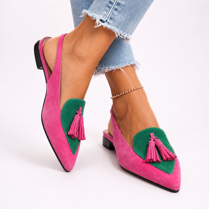 Lorena | Two-Tone Suede Flats with Pom Poms