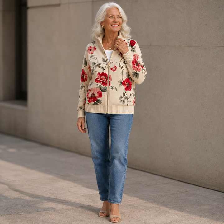 Wilhelmine | Vintage Rose Print Zip Cardigan