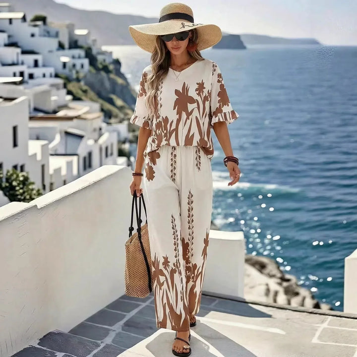 Set Veridiane with Flutter-Sleeve Top and Wide-Leg Pants