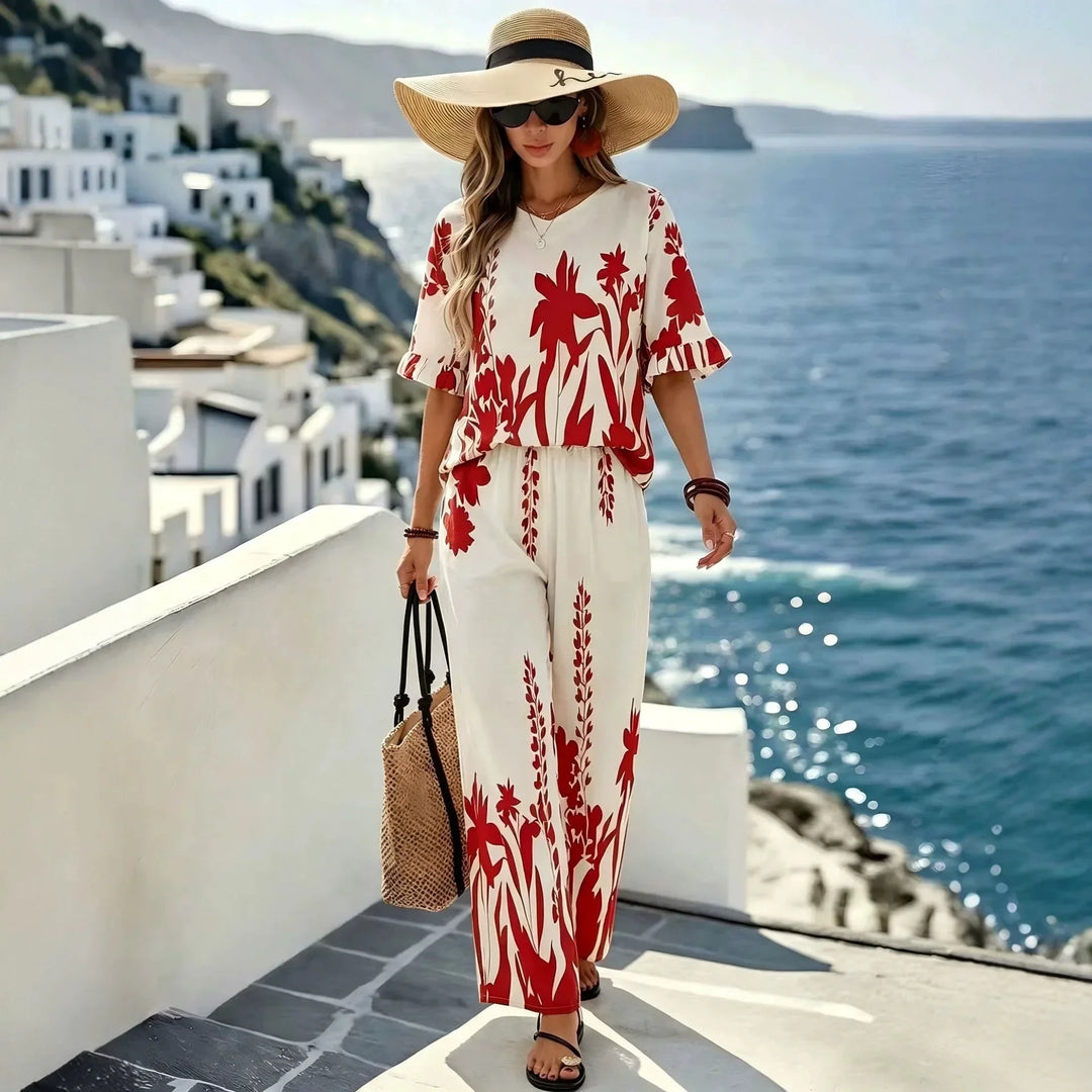 Set Veridiane with Flutter-Sleeve Top and Wide-Leg Pants