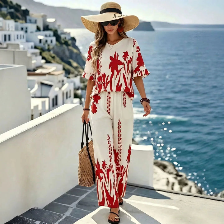 Set Veridiane with Flutter-Sleeve Top and Wide-Leg Pants