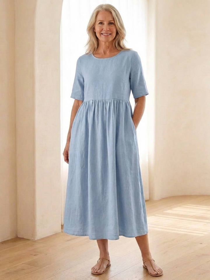Maricel | Short Sleeve Gathered Midi Dress