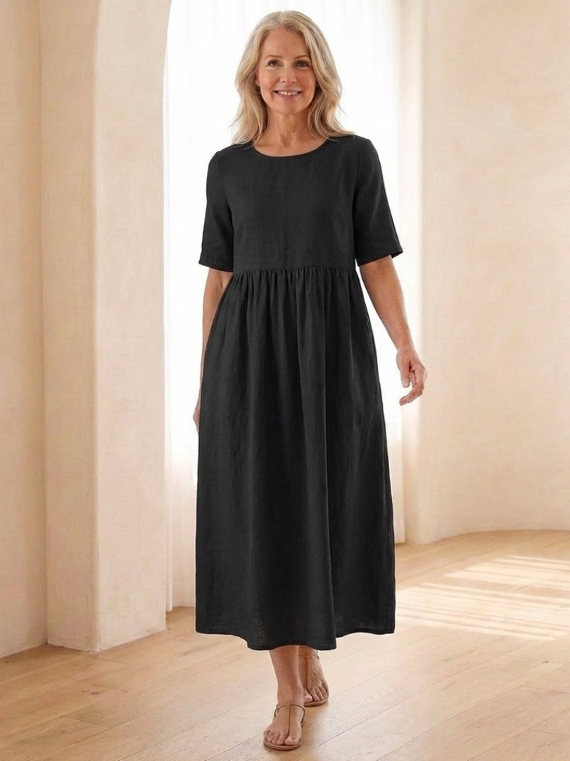 Maricel | Short Sleeve Gathered Midi Dress