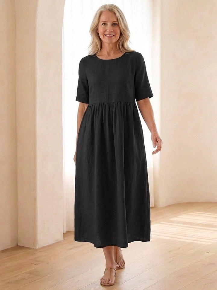 Maricel | Short Sleeve Gathered Midi Dress