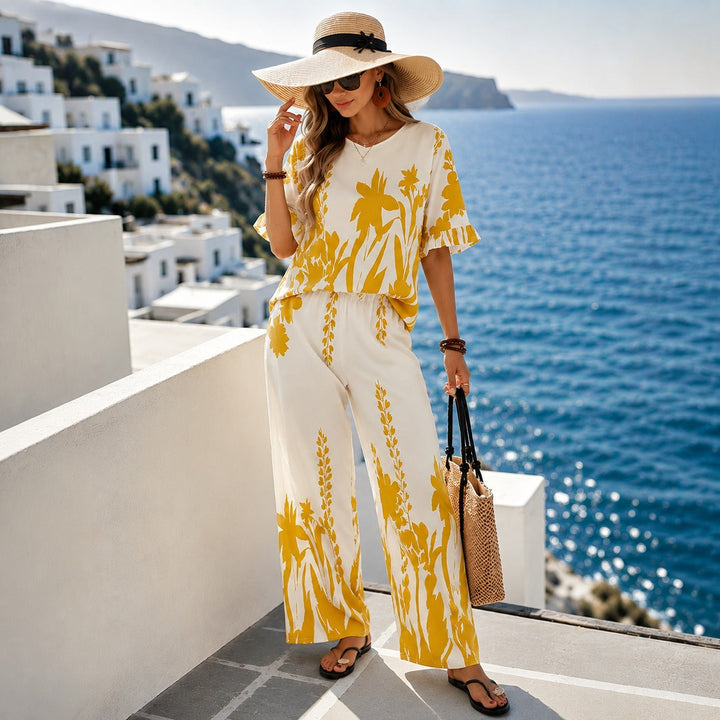 Set Veridiane with Flutter-Sleeve Top and Wide-Leg Pants